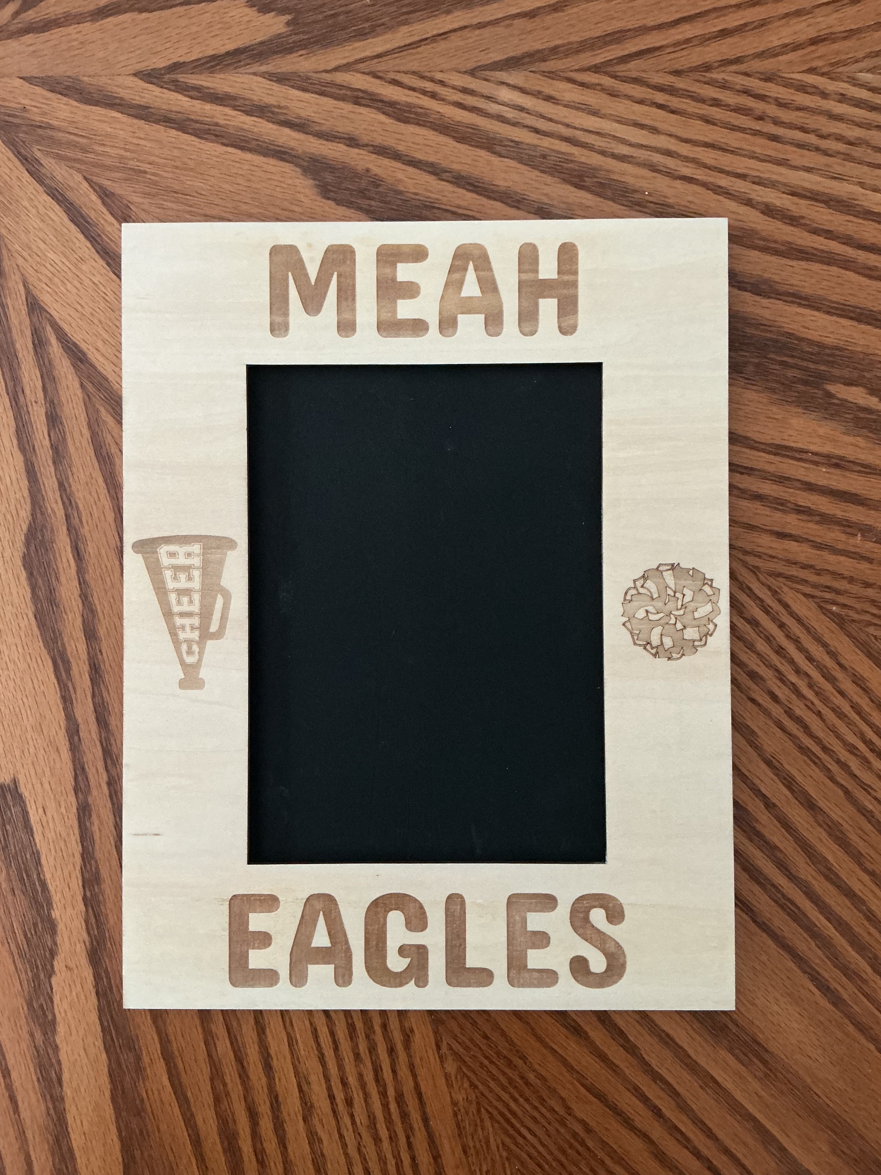 Natural wood cheer frame → "Natural wood laser engraved cheerleading picture frame with megaphone and pom pom"