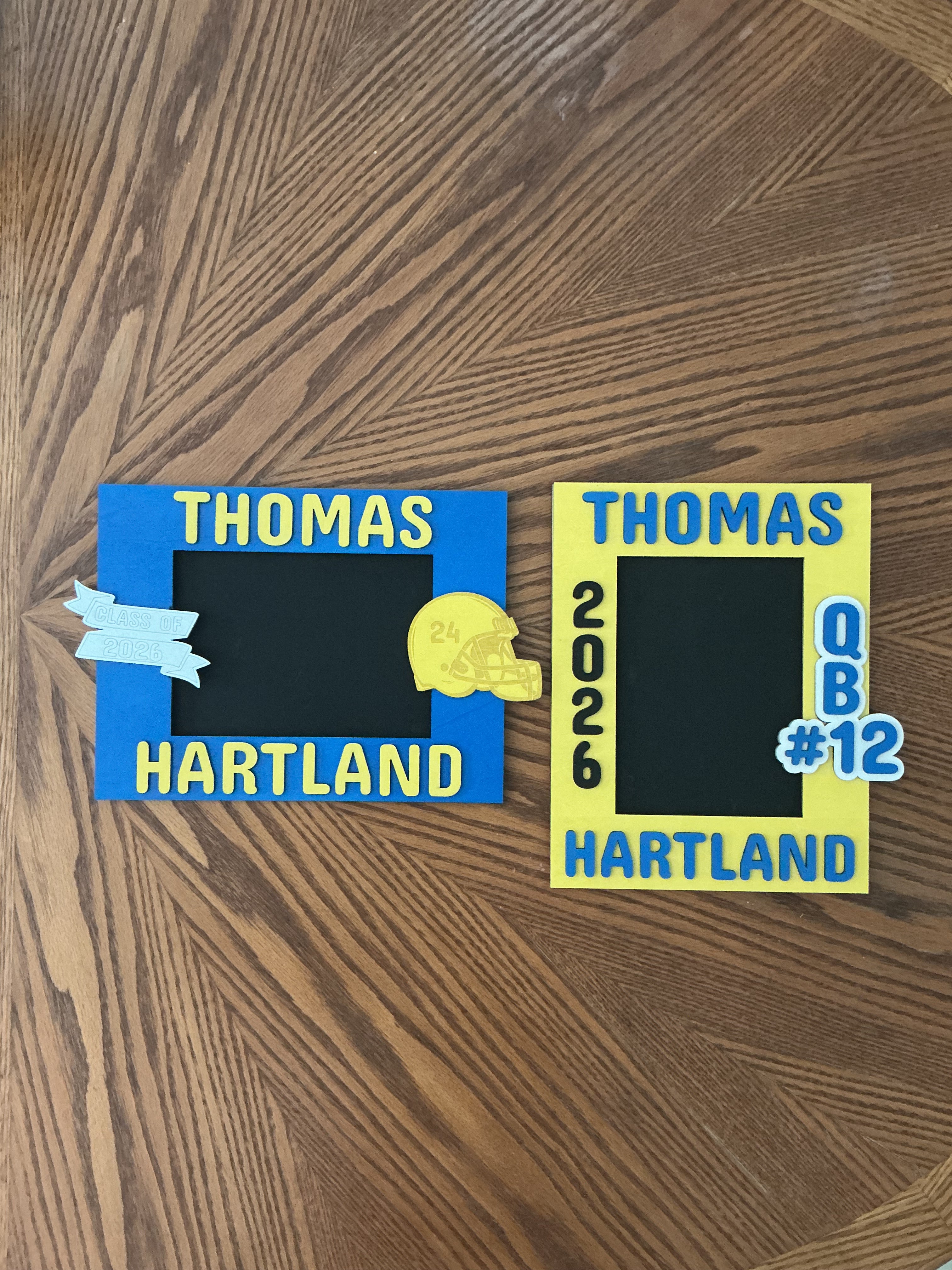Football frames side-by-side → "Custom blue and yellow painted wood laser engraved football picture frames comparison"