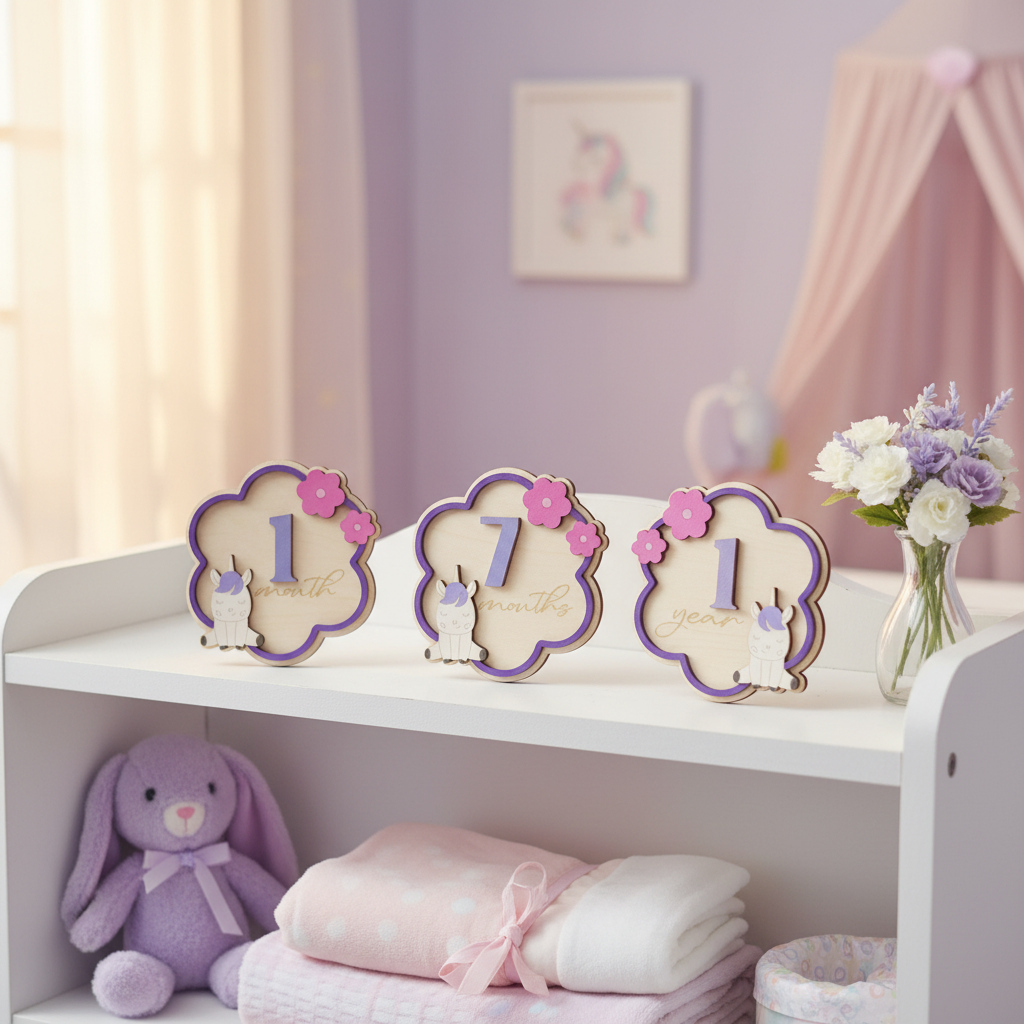 Cloud-shaped unicorn monthly milestone markers with purple borders and pink flowers in pastel nursery