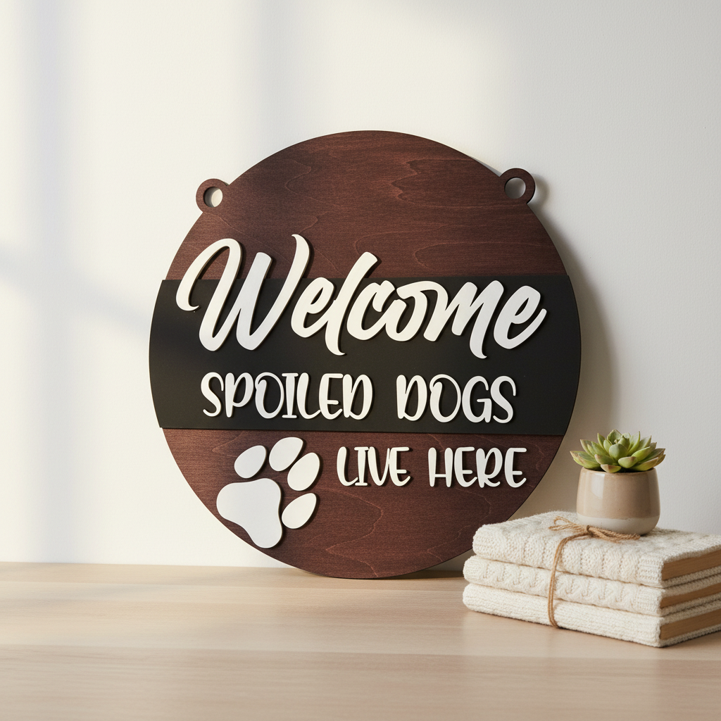 Welcome Spoiled Dogs Live Here circular laser engraved wood sign leaning against white wall with neutral home decor