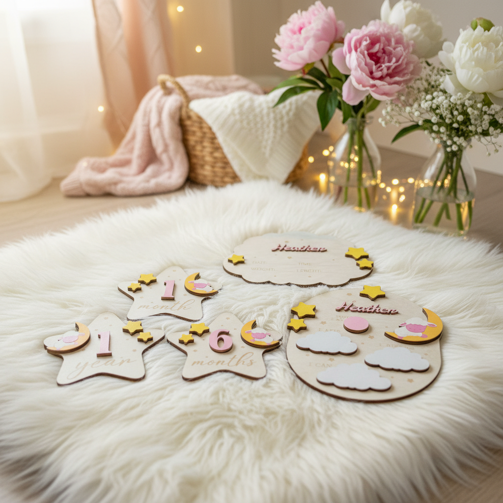Baby Milestone Board Set Lamb full layout with cloud sign, oval board and star markers in nursery