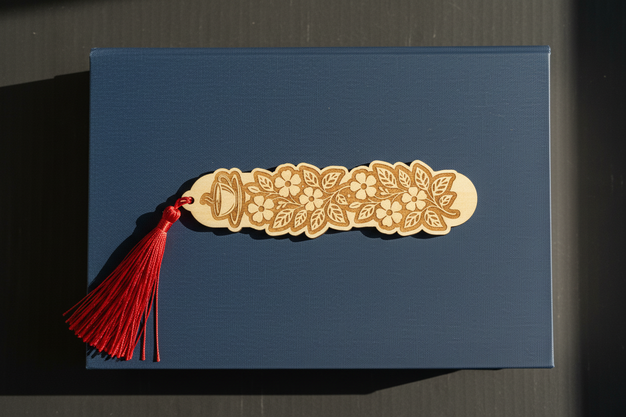 Coffee and floral laser engraved wood bookmark with red tassel flat lay on closed book cover
