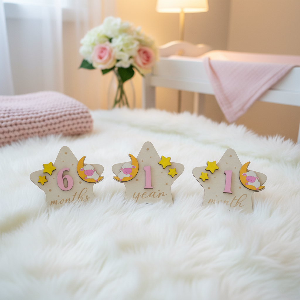Star-shaped lamb monthly milestone markers showing 1 month, 6 months and 1 year