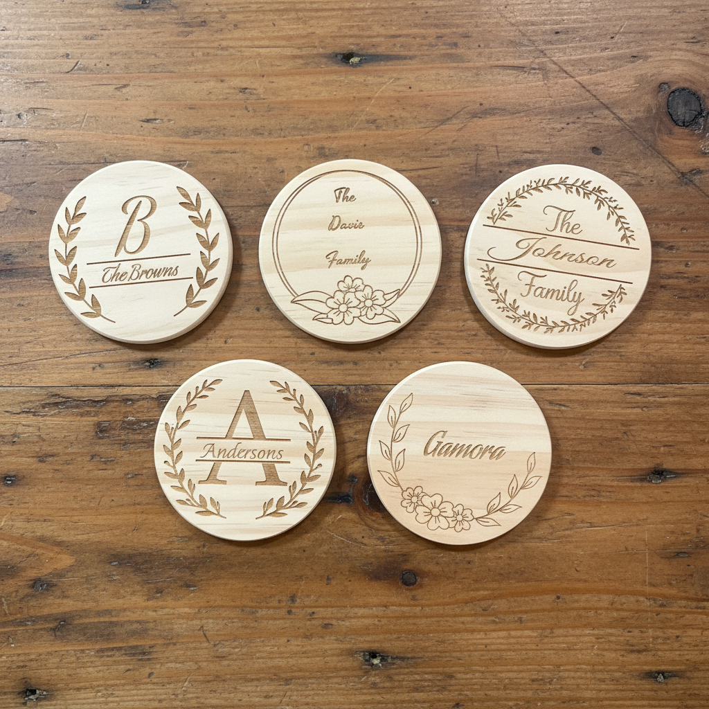 All 5 personalized monogram coaster styles displayed together - laser engraved wood