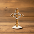 Laser Engraved Wood Cross The Heart of Jesus with stand on rustic wood surface