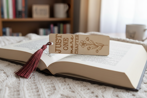 Just One More Chapter laser engraved wood bookmark with wine tassel resting on open book lifestyle photo