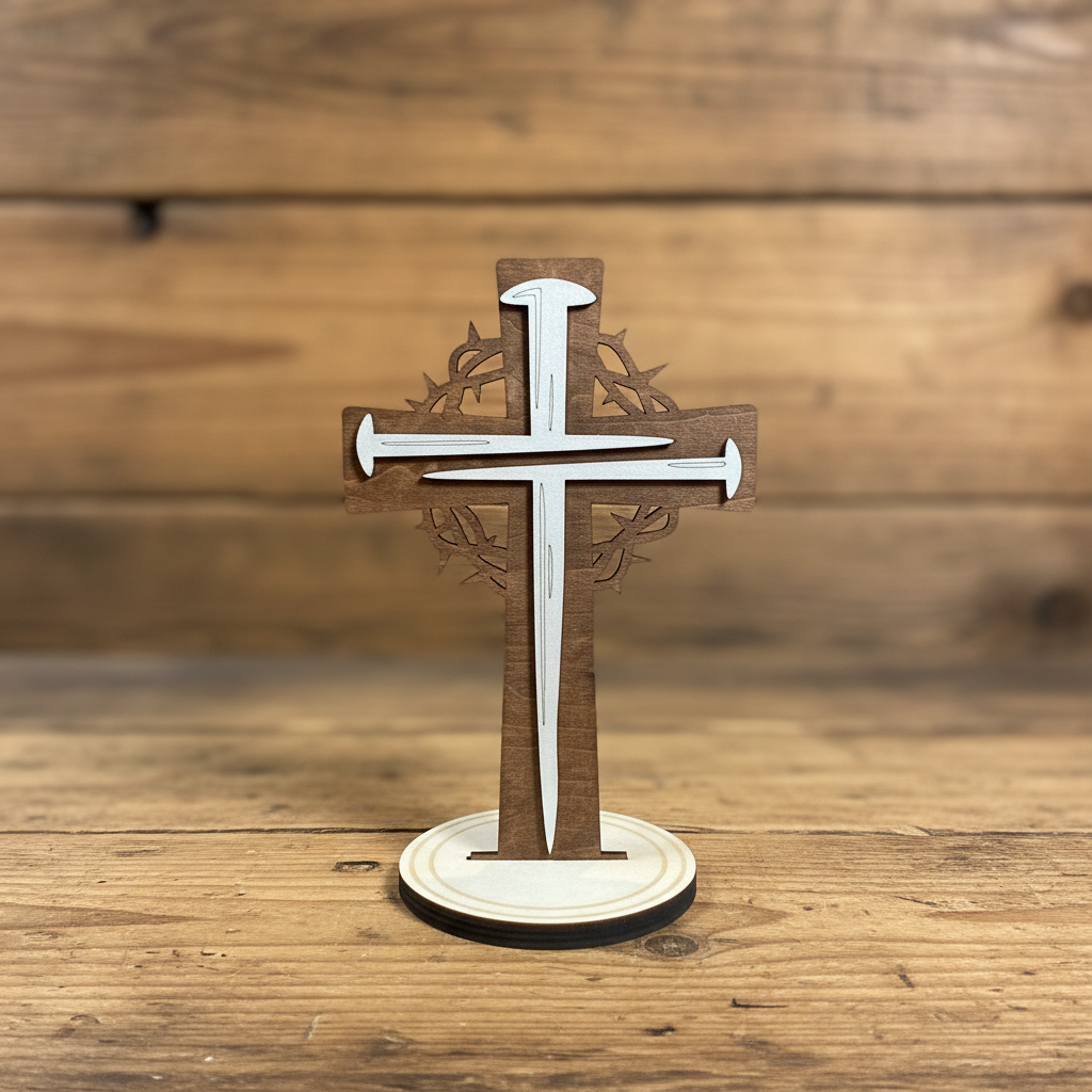 Laser Engraved Wood Cross Design 1 with stand on rustic wood surface