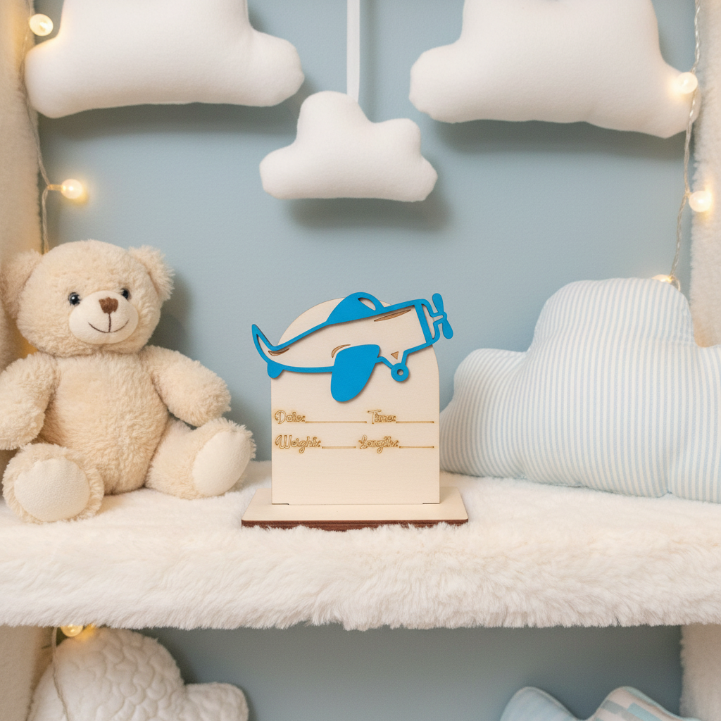 Personalized wood airplane birth announcement sign on a nursery shelf with pastel blue decor