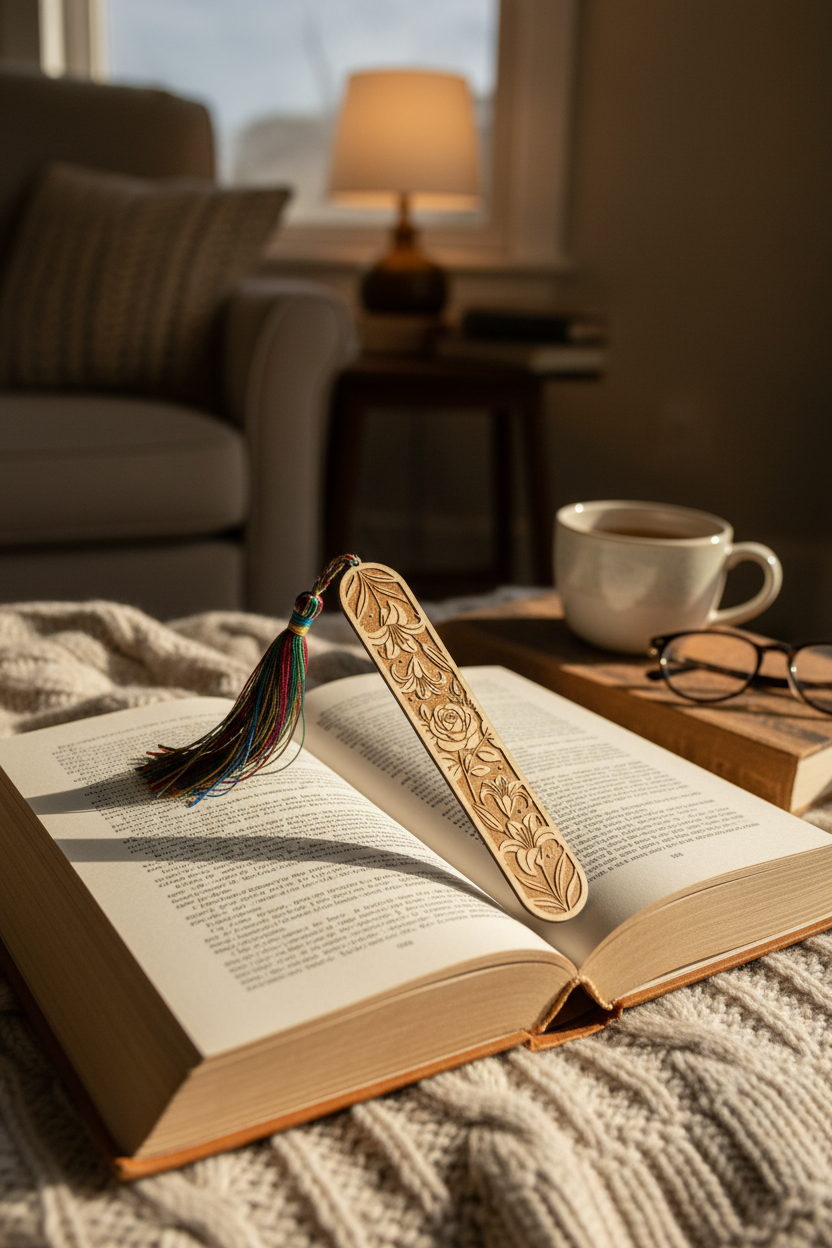 Lily and rose laser engraved wood bookmark with tassel resting on open book lifestyle photo