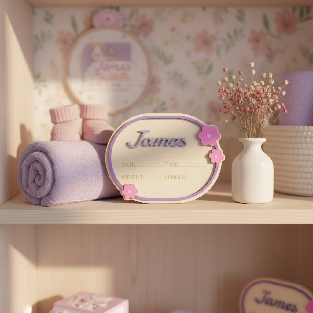 Oval unicorn birth announcement sign with purple border and pink flowers in pastel nursery