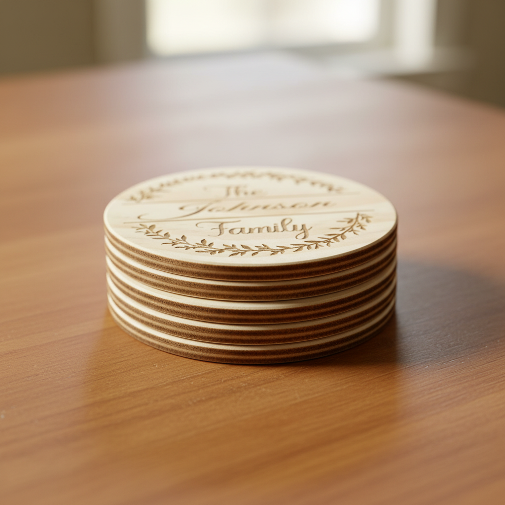 Stack of 4 personalized leafy wreath arc family name laser engraved wood coasters side view