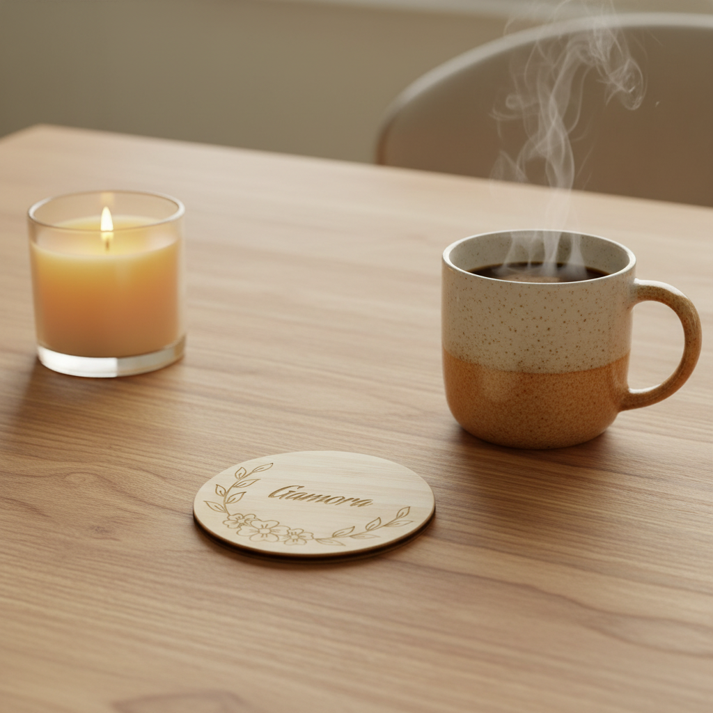 Personalized floral vine name wood coaster lifestyle photo