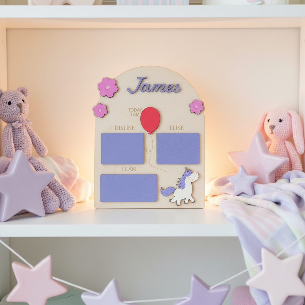 Arched unicorn milestone board with Today I Am, I Like, I Dislike and I Can sections in pastel nursery