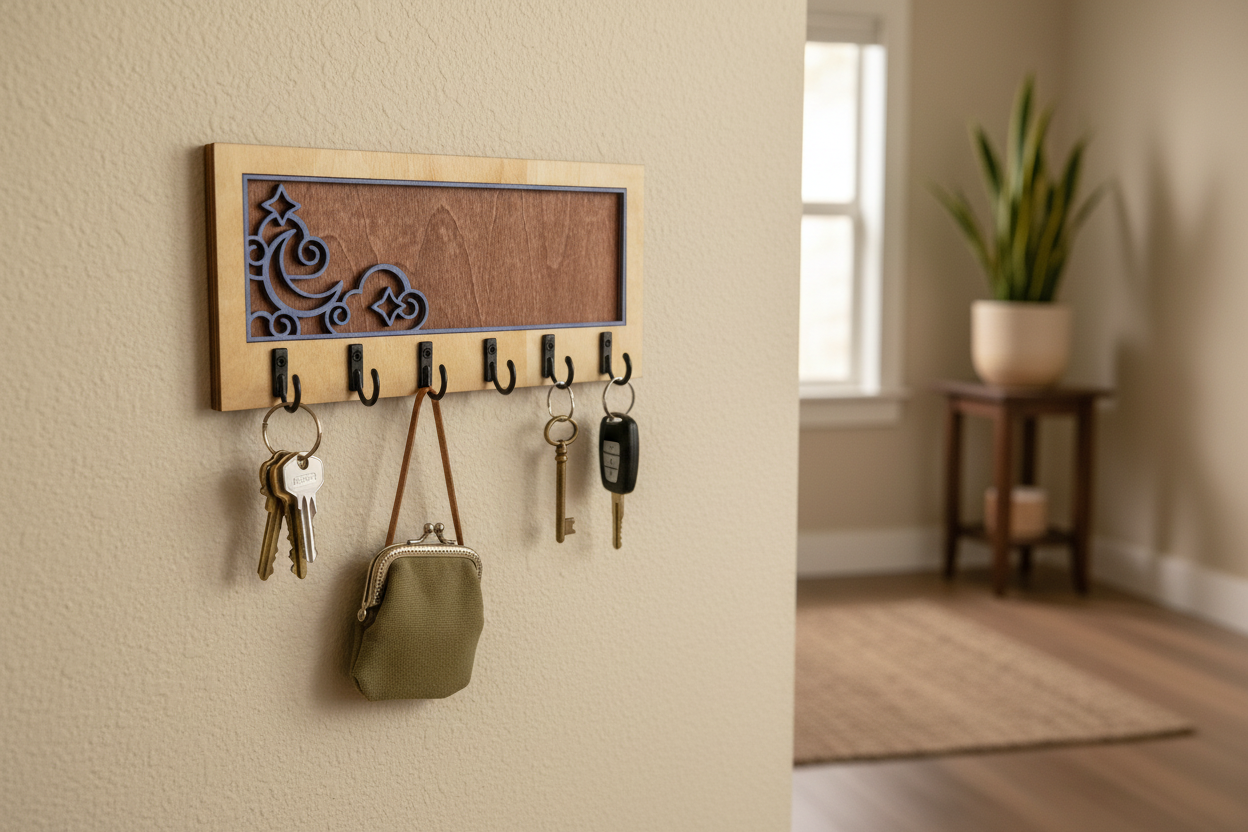 Celestial moon laser cut wood key hanger with 7 hooks mounted in entryway lifestyle photo