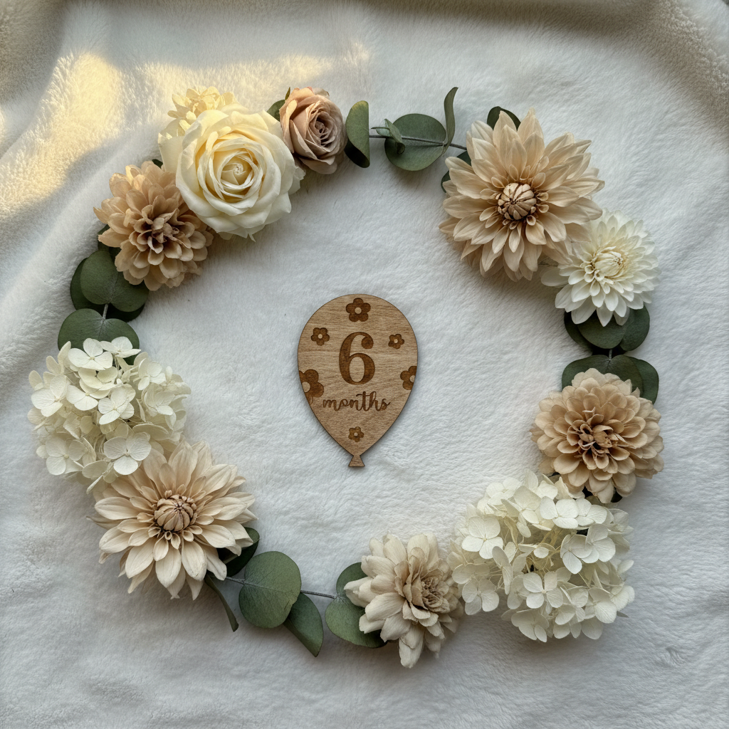 Balloon-shaped laser engraved wood milestone photo prop showing 6 months with daisy flowers on soft white blanket