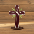 Laser Engraved Wood Cross The Living Cross with dark round base on rustic wood surface