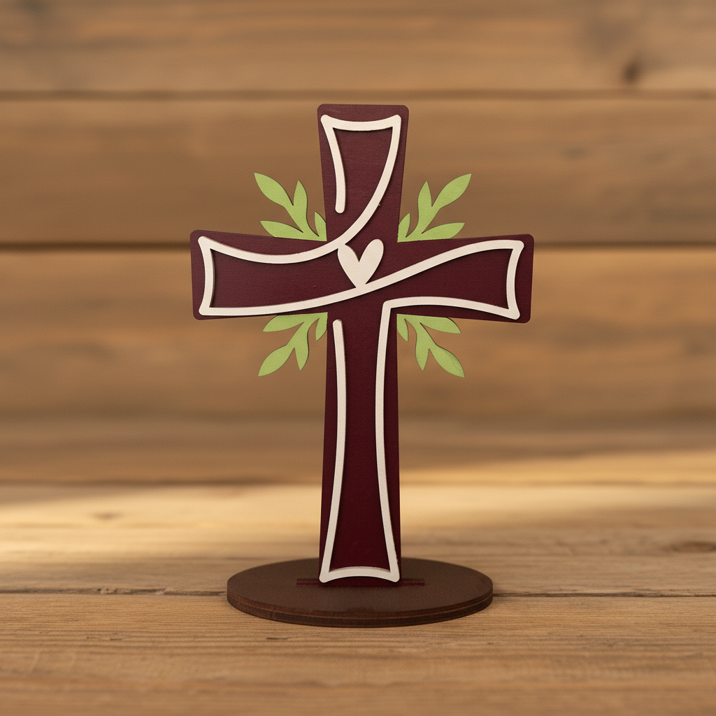 Laser Engraved Wood Cross The Living Cross with dark round base on rustic wood surface