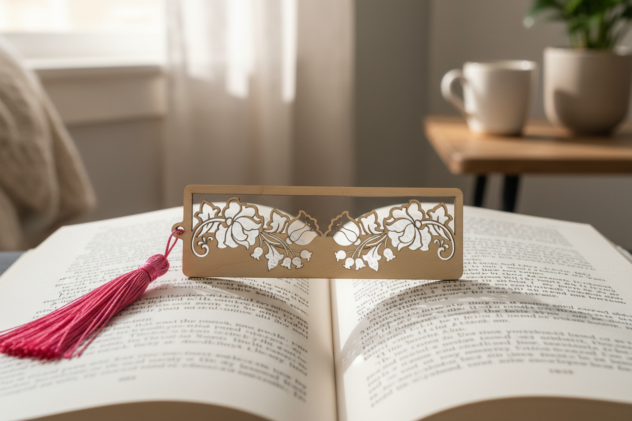 Floral filigree laser cut wood bookmark with pink tassel resting on open book lifestyle photo