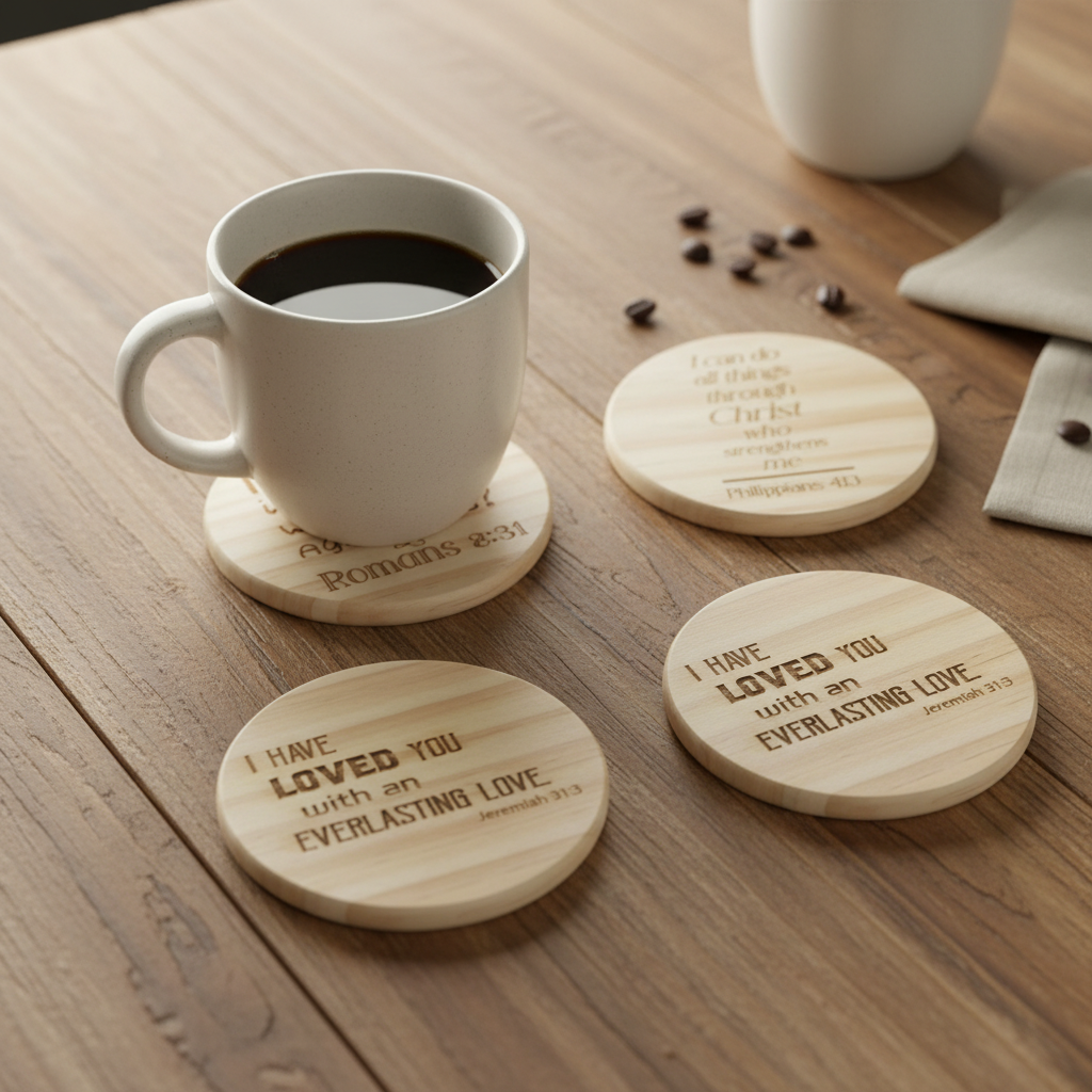 Laser engraved scripture quote wood coasters lifestyle with coffee mug on coaster