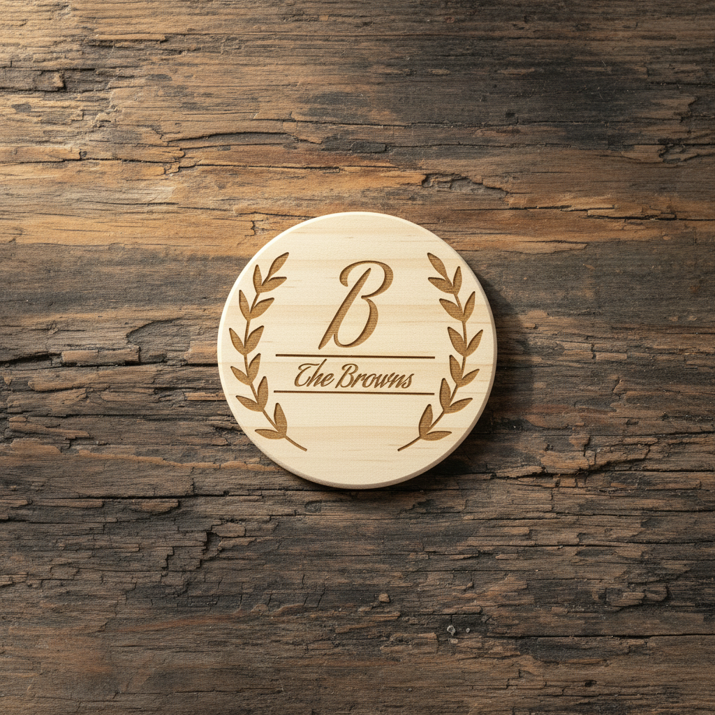 Personalized open laurel branch monogram wood coaster flat lay on rustic wood background