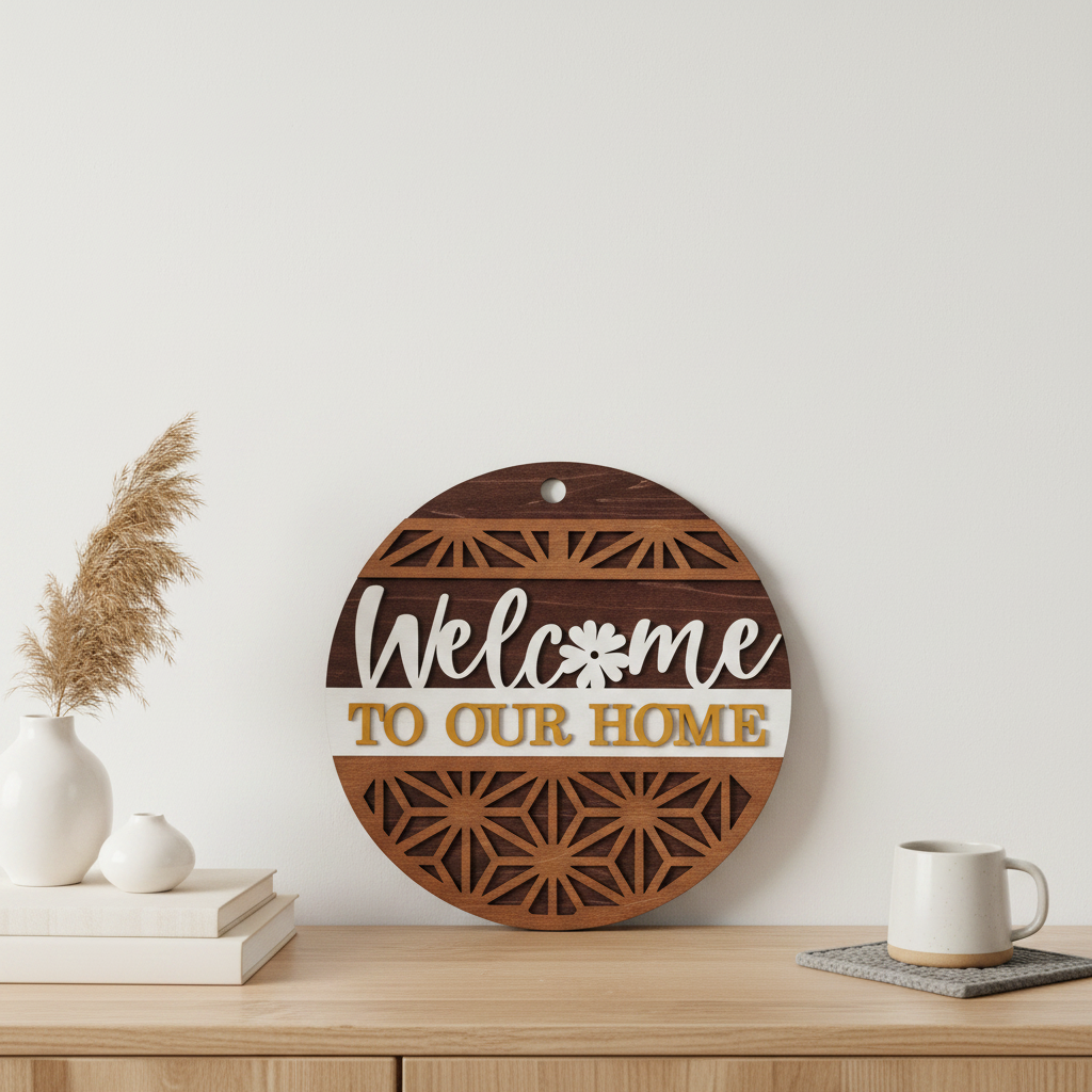 Welcome To Our Home Daisy Geo circular laser engraved wood sign leaning against white wall with neutral home decor