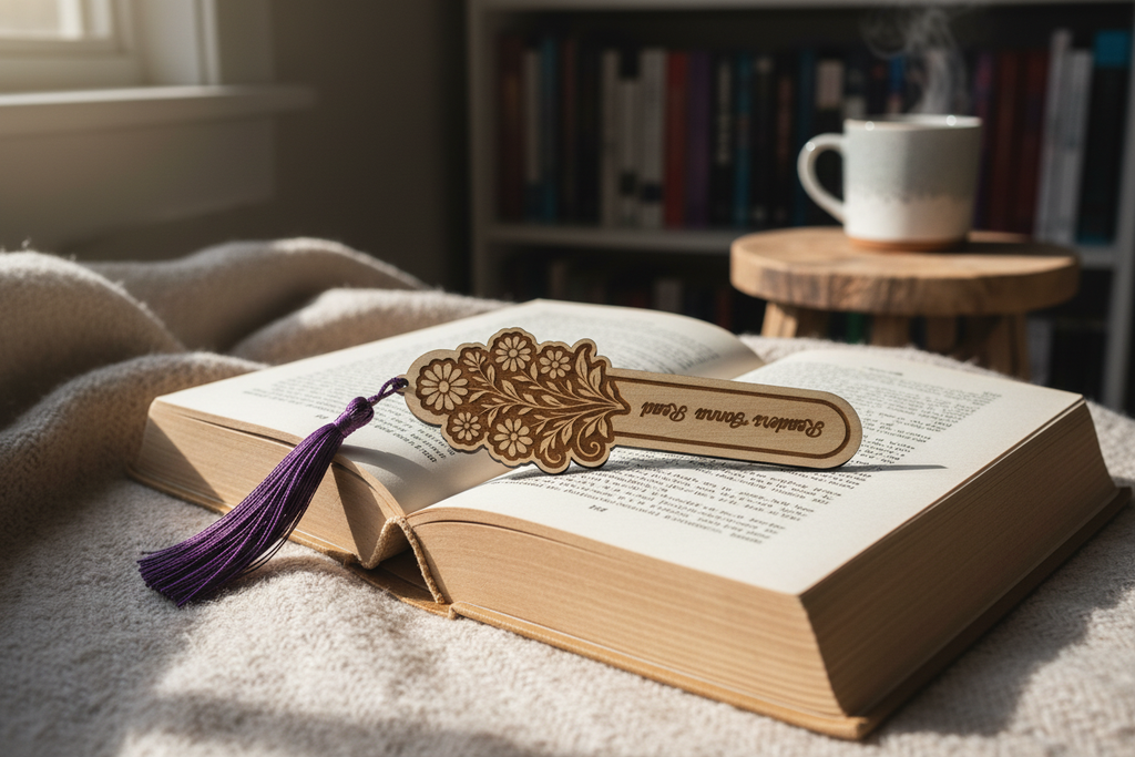 Readers Gonna Read laser engraved wood bookmark with purple tassel resting on open book lifestyle photo
