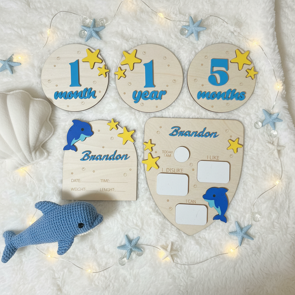 Full dolphin milestone board set layout with circular markers, birth sign and shield milestone board