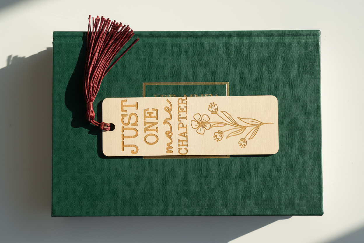 Just One More Chapter laser engraved wood bookmark with wine tassel flat lay on closed book cover