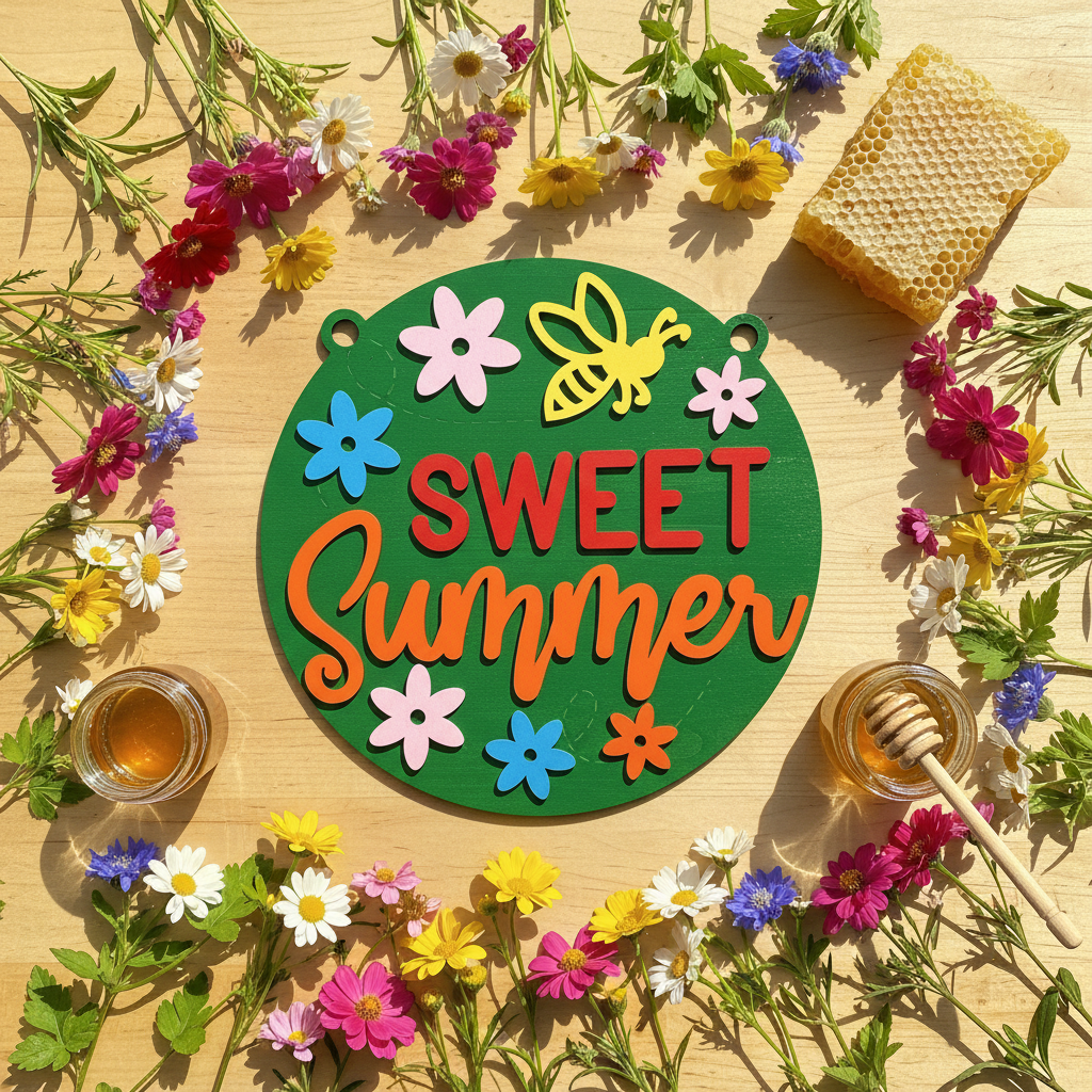 Round green laser engraved wood sign reading Sweet Summer with flowers and bee flat lay with summer props