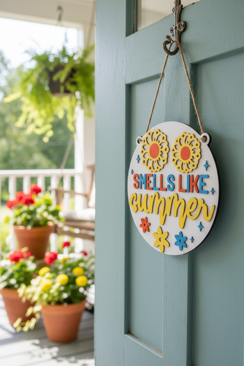 Round white laser engraved wood sign reading Smells Like Summer with sunflowers and colorful flowers hanging on a summer front door