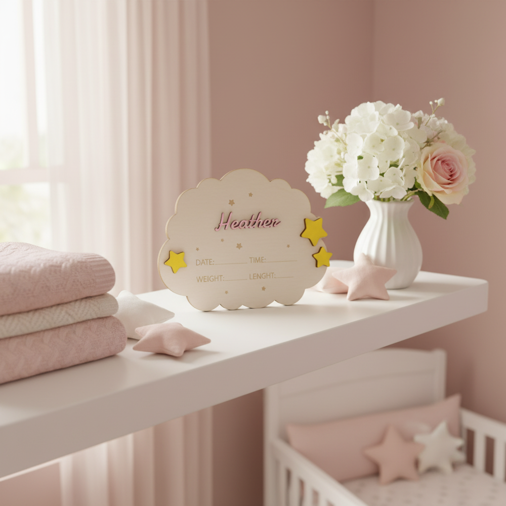 Cloud-shaped lamb birth announcement sign with gold stars in pastel nursery setting