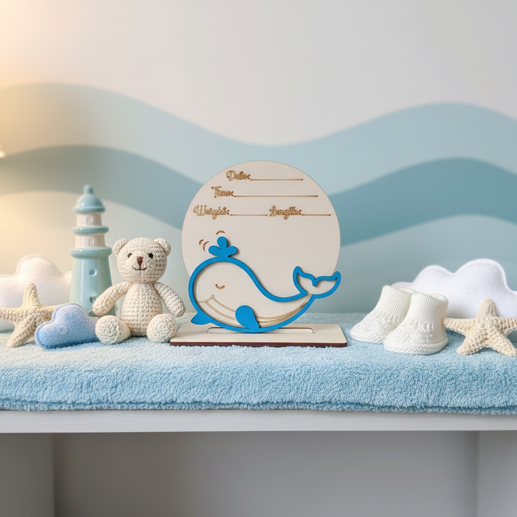 Personalized wood whale birth announcement sign on a nursery shelf with pastel blue ocean decor