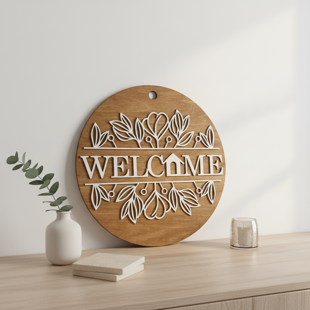 Welcome Floral Garland circular laser engraved wood sign leaning against white wall with neutral home decor
