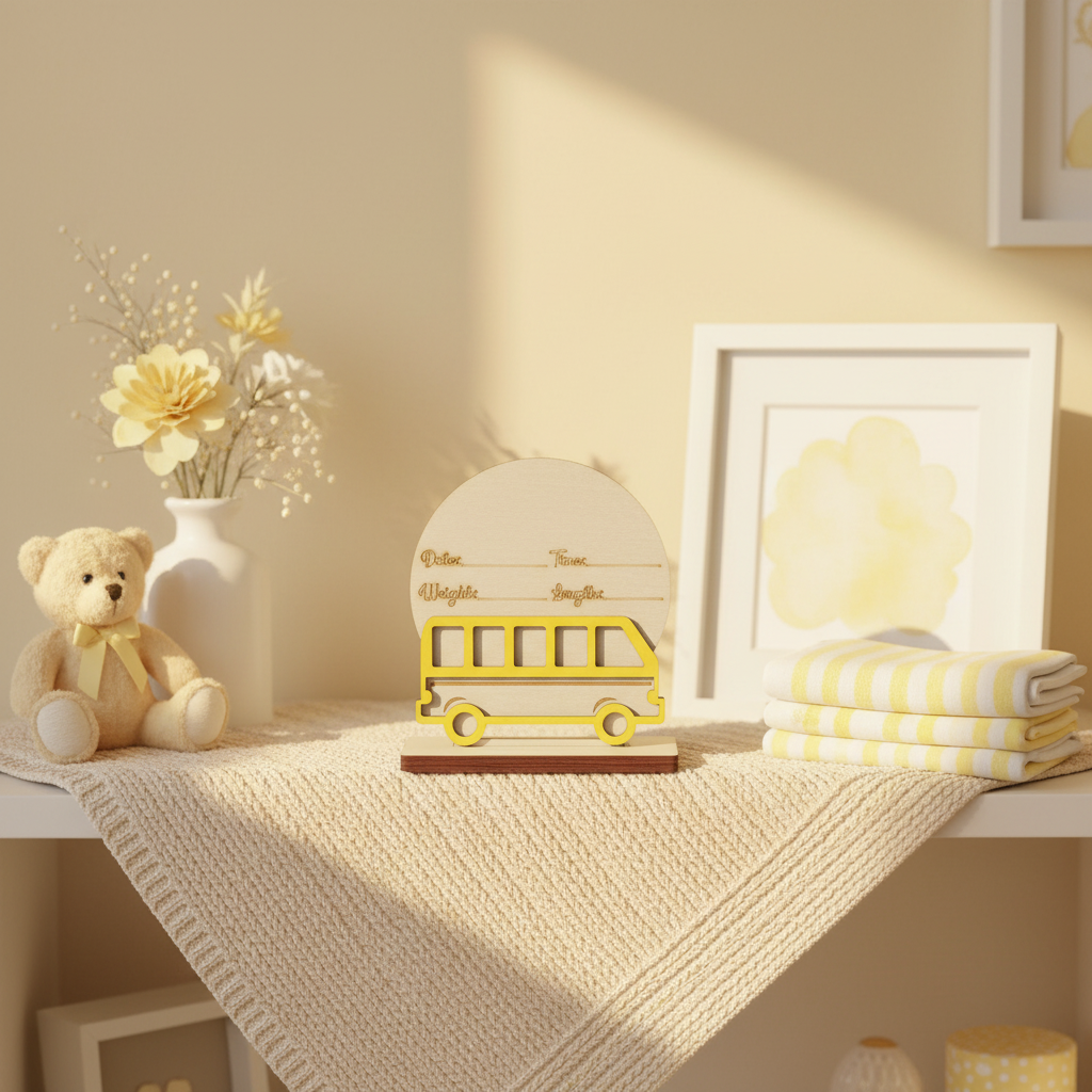 Personalized wood school bus birth announcement sign on a nursery shelf with pastel yellow decor