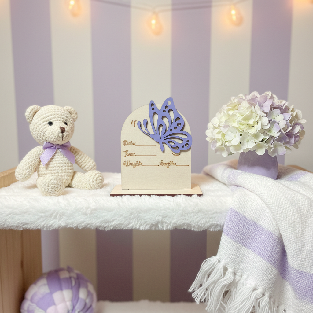 Personalized wood butterfly birth announcement sign on a nursery shelf with pastel purple decor
