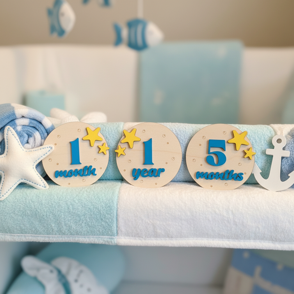 Circular dolphin monthly milestone markers with blue numbers and yellow stars in pastel ocean nursery