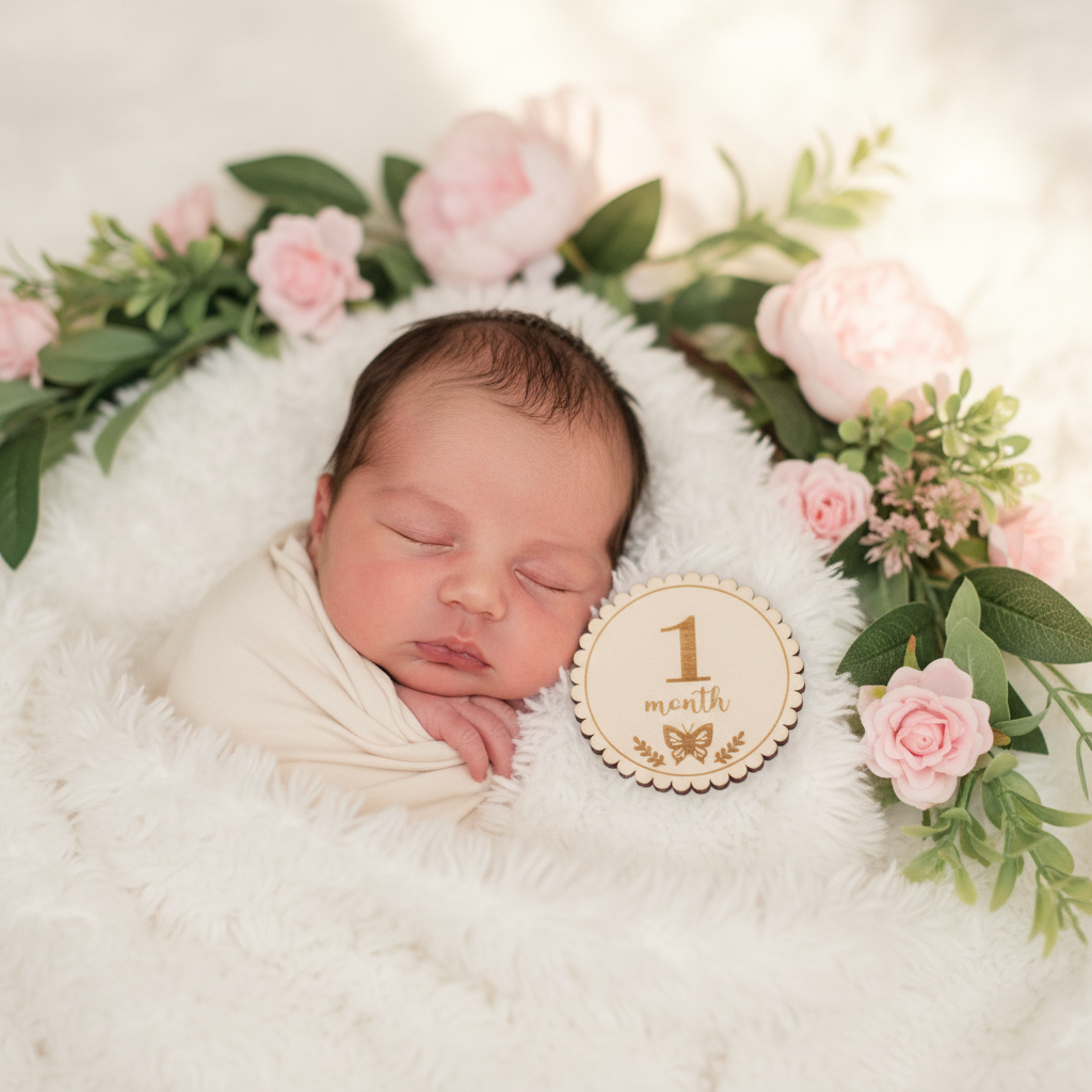 Round wood butterfly milestone disc showing 1 month next to sleeping newborn with pink flowers