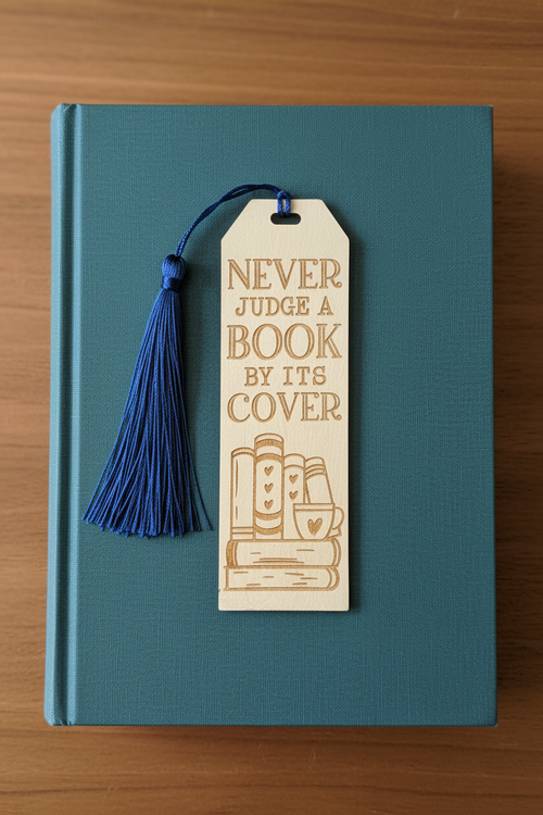 Never Judge a Book by Its Cover laser engraved wood bookmark with blue tassel flat lay on closed book cover