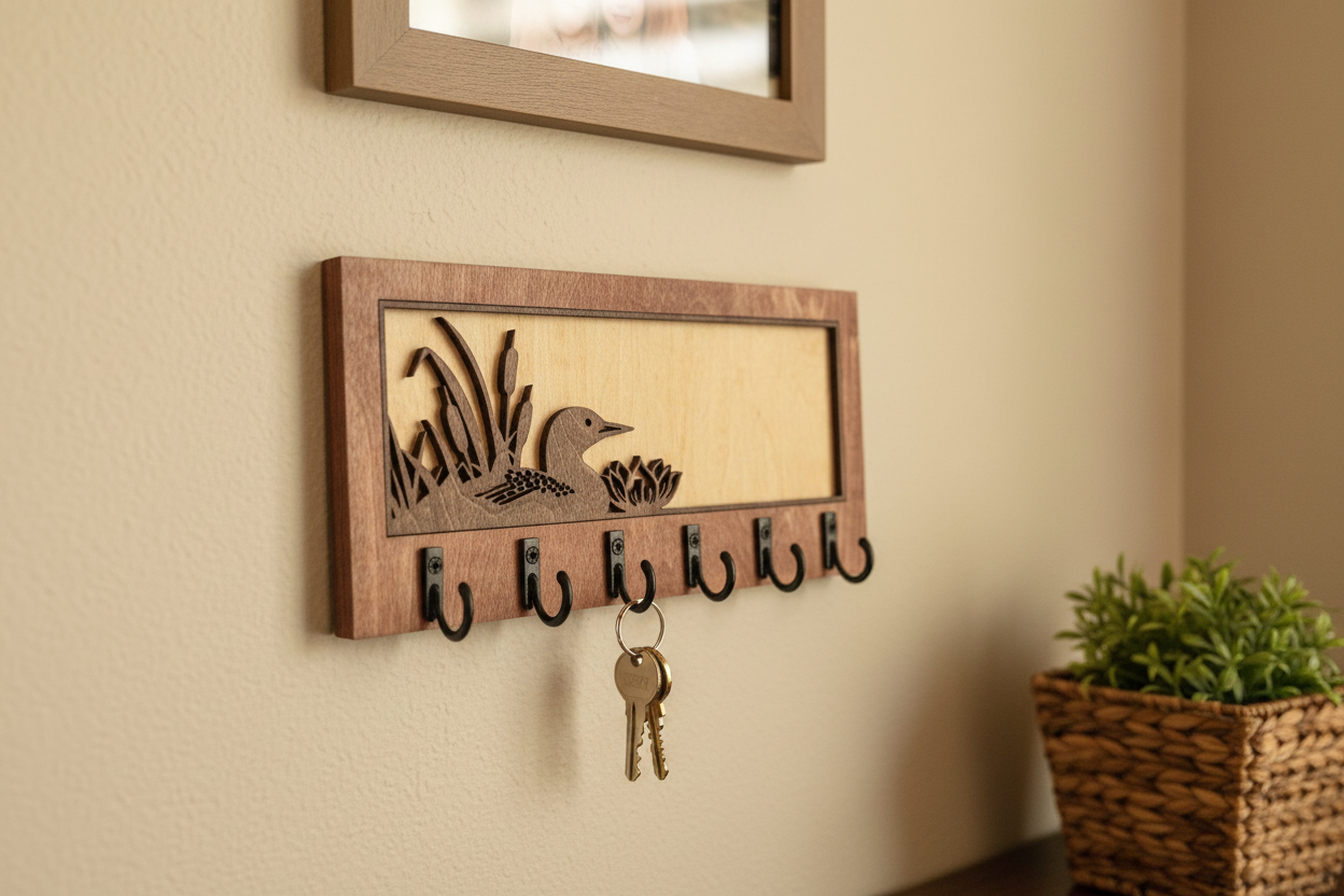 Loon laser cut wood key hanger with 6 hooks mounted in entryway lifestyle photo
