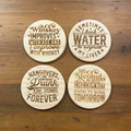 Laser engraved funny drink quote wood coasters flat lay on rustic wood surface