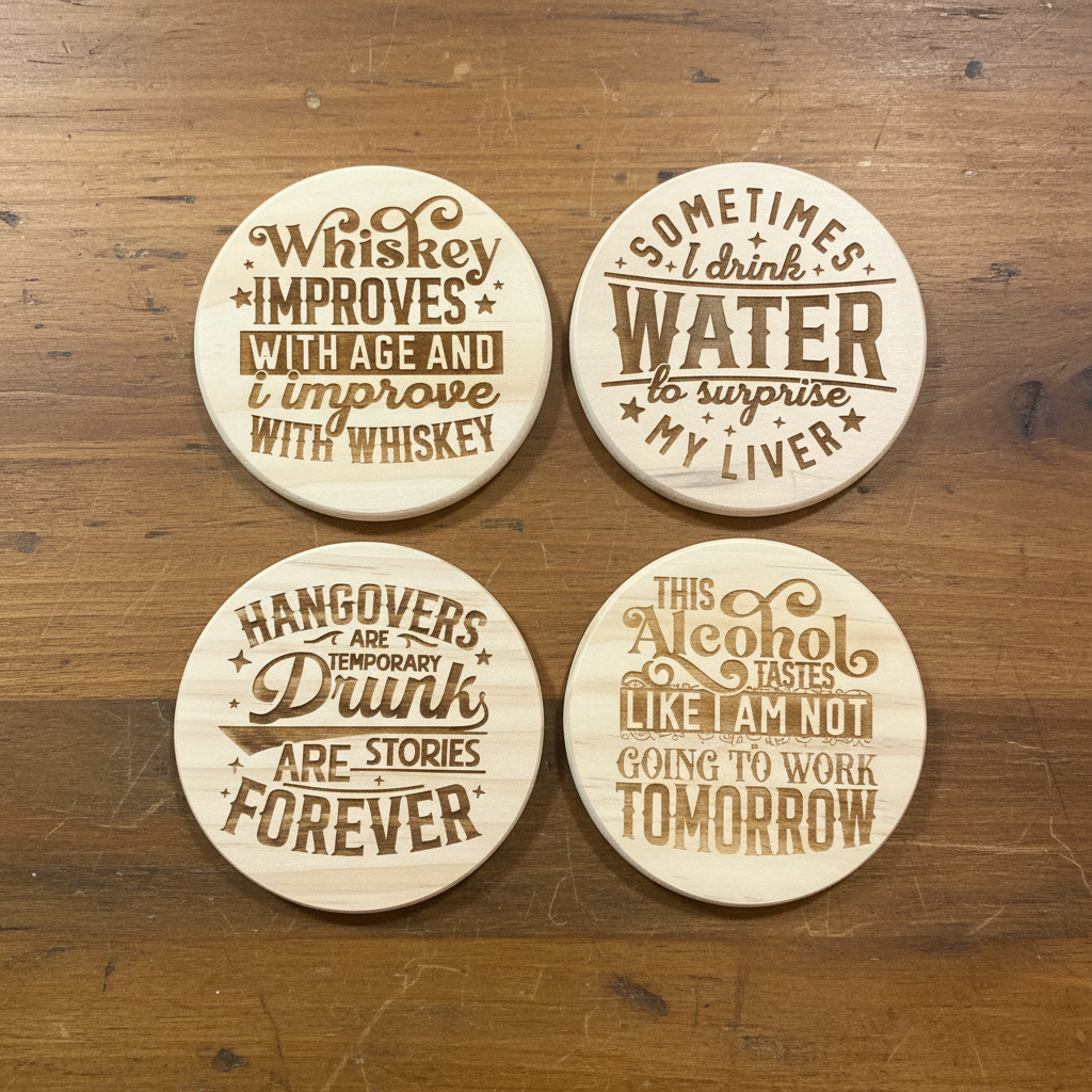Laser engraved funny drink quote wood coasters flat lay on rustic wood surface