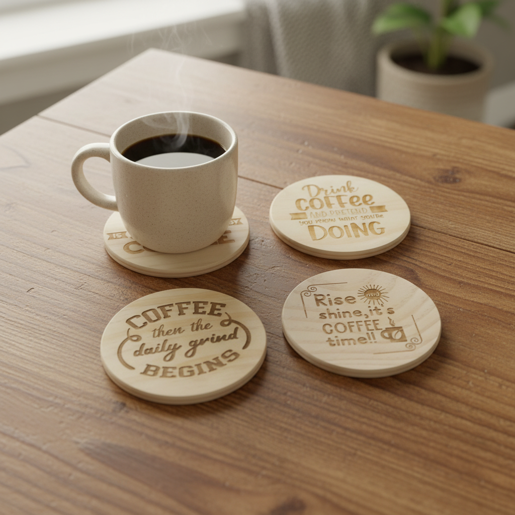 Laser engraved funny coffee quote wood coasters lifestyle with coffee mug on coaster