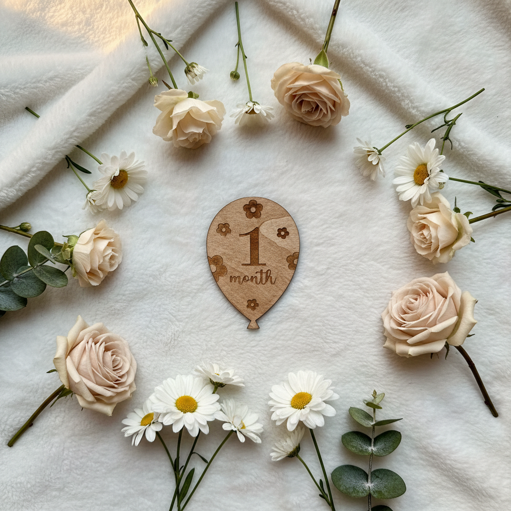 Balloon-shaped laser engraved wood milestone photo prop showing 1 month with daisy flowers on soft white blanket