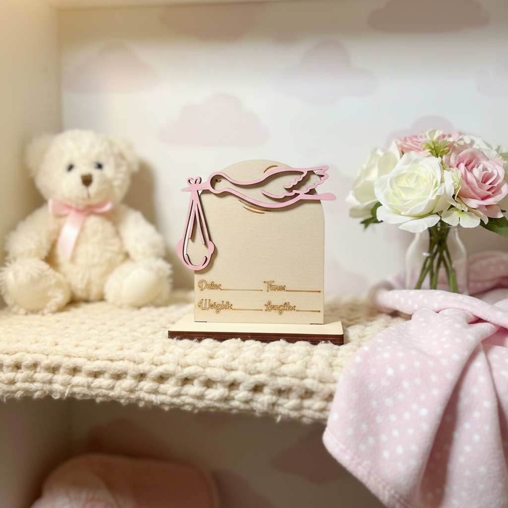 Stork baby birth announcement sign displayed in a soft pastel nursery setting
