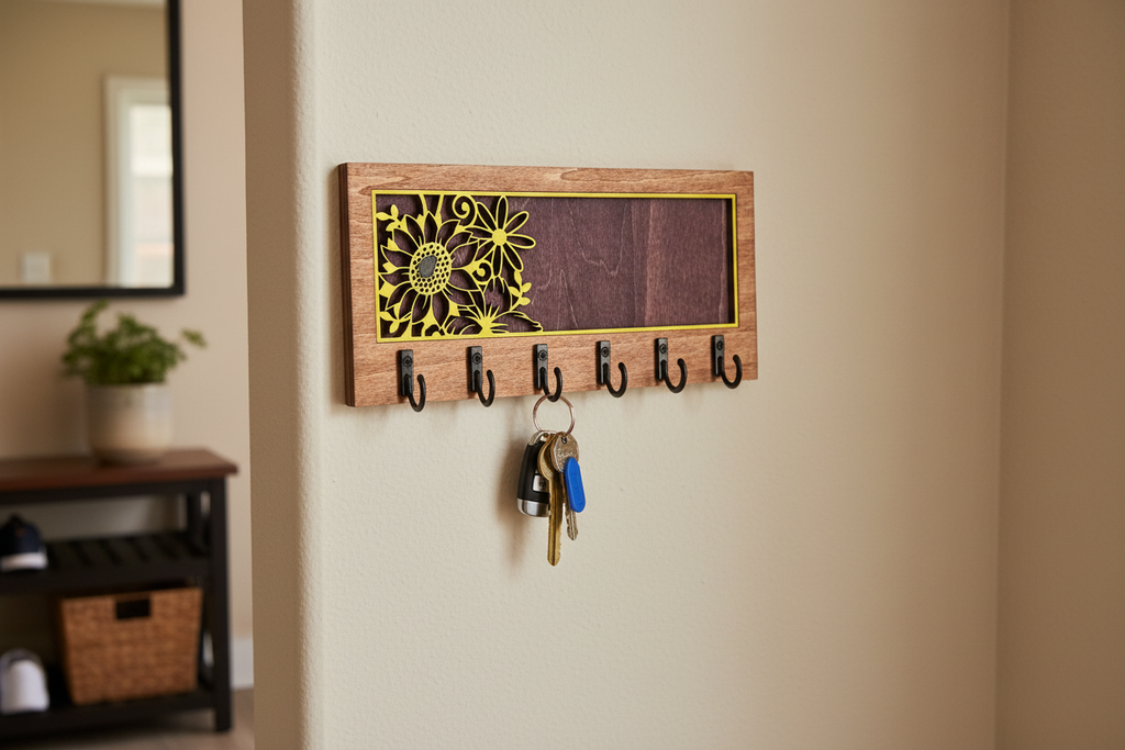 Sunflower laser cut wood key hanger with 6 hooks mounted in entryway lifestyle photo