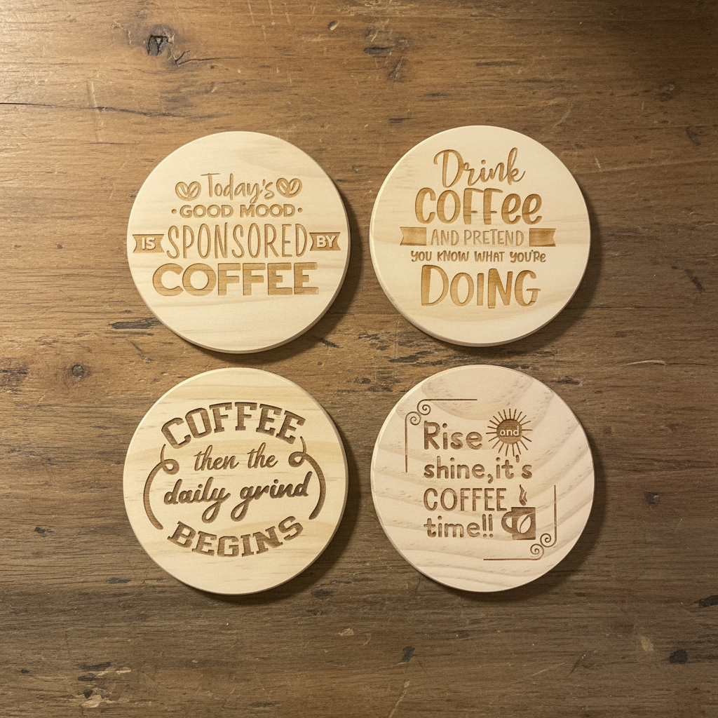 Laser engraved funny coffee quote wood coasters flat lay on rustic wood surface