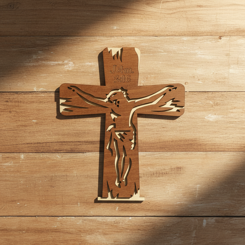 Laser Engraved Wood Cross John 3:16 detail shot on rustic wood surface
