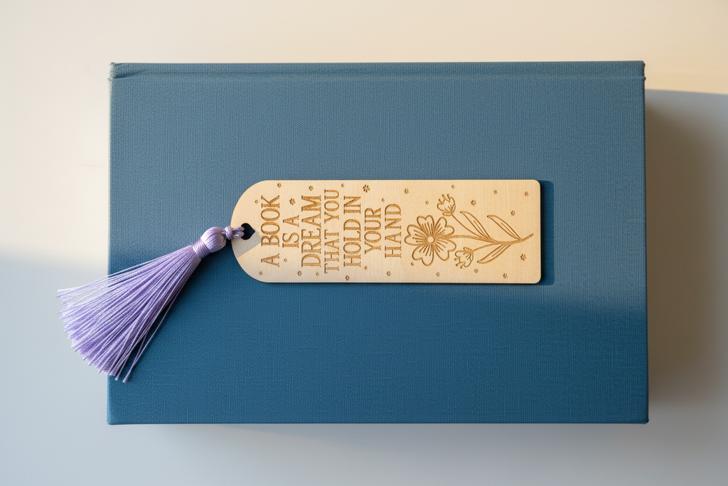 A Book is a Dream laser engraved wood bookmark with light purple tassel flat lay on closed book cover