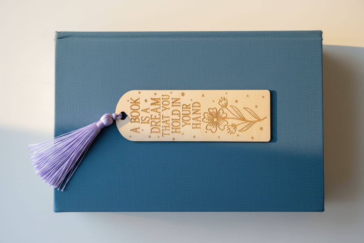 A Book is a Dream laser engraved wood bookmark with light purple tassel flat lay on closed book cover