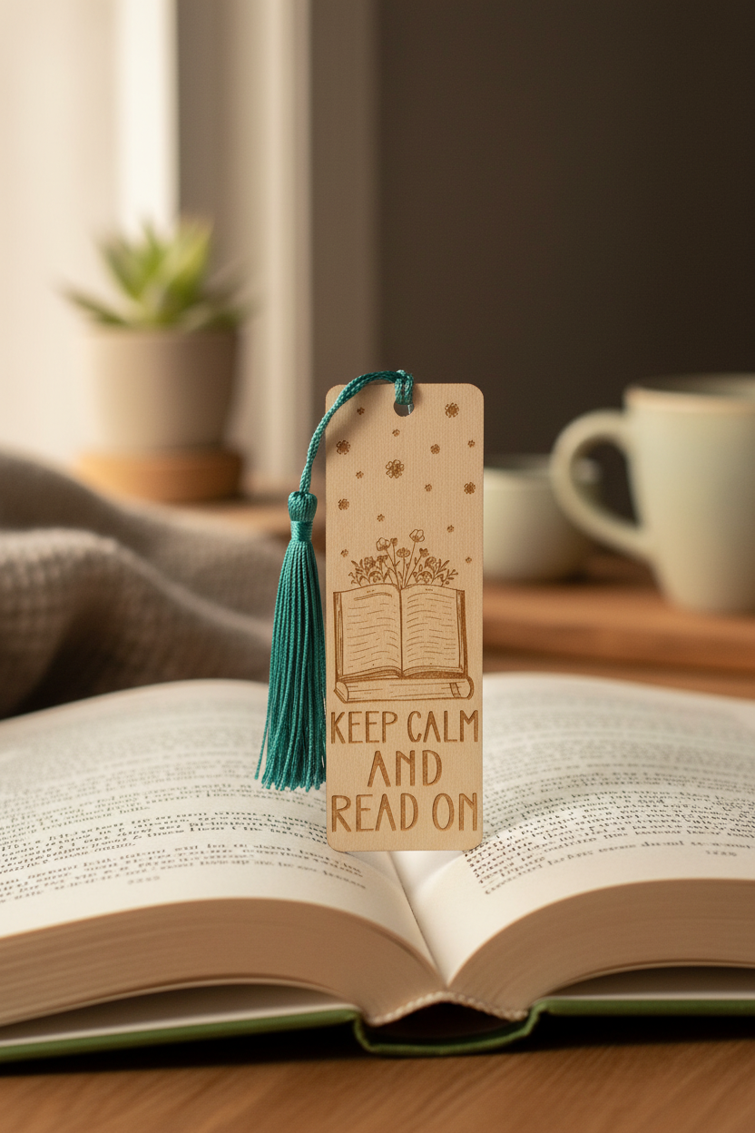 Keep Calm and Read On laser engraved wood bookmark with teal tassel resting on open book lifestyle photo